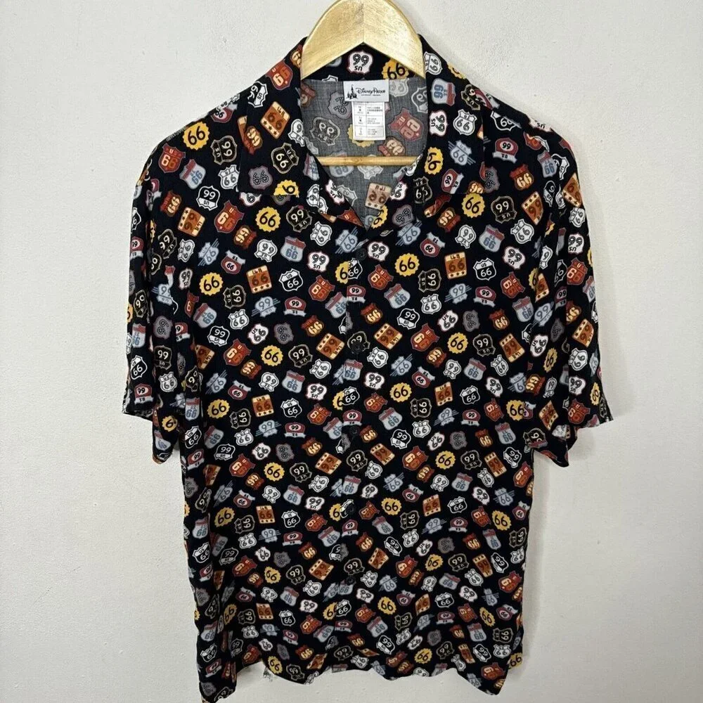 Disney Parks Route 66 All Over Print‎ 100% Rayon Mens M Hawaiian Camp Shirt